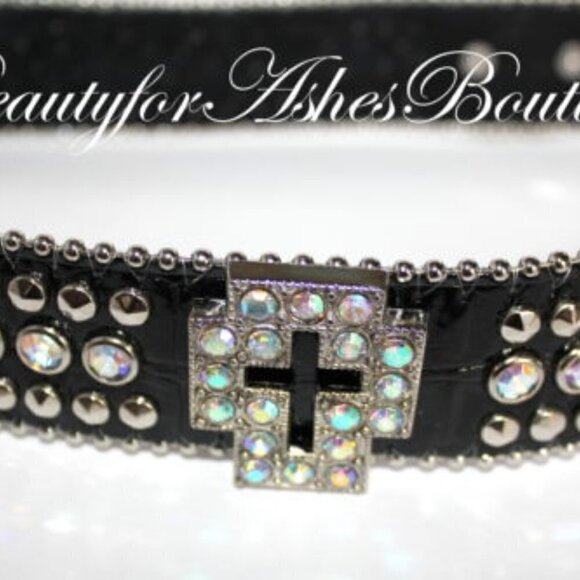 Western Black Bling Cross Belt & Buckle Aurora Borealis AB Crystal Accent ML - Picture 4 of 11